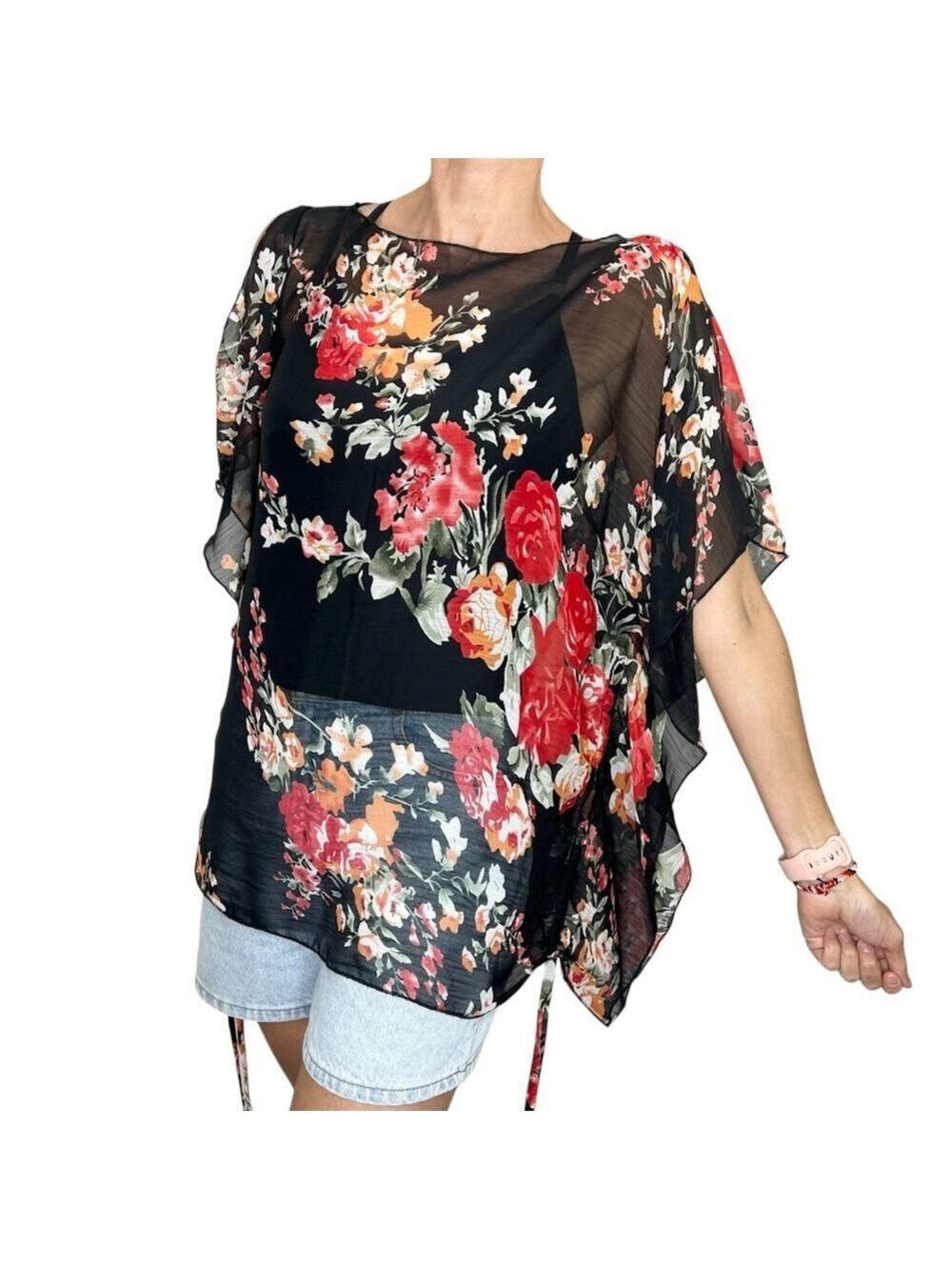 Passtime New York sheer chiffon black red floral split sleeve kimono top